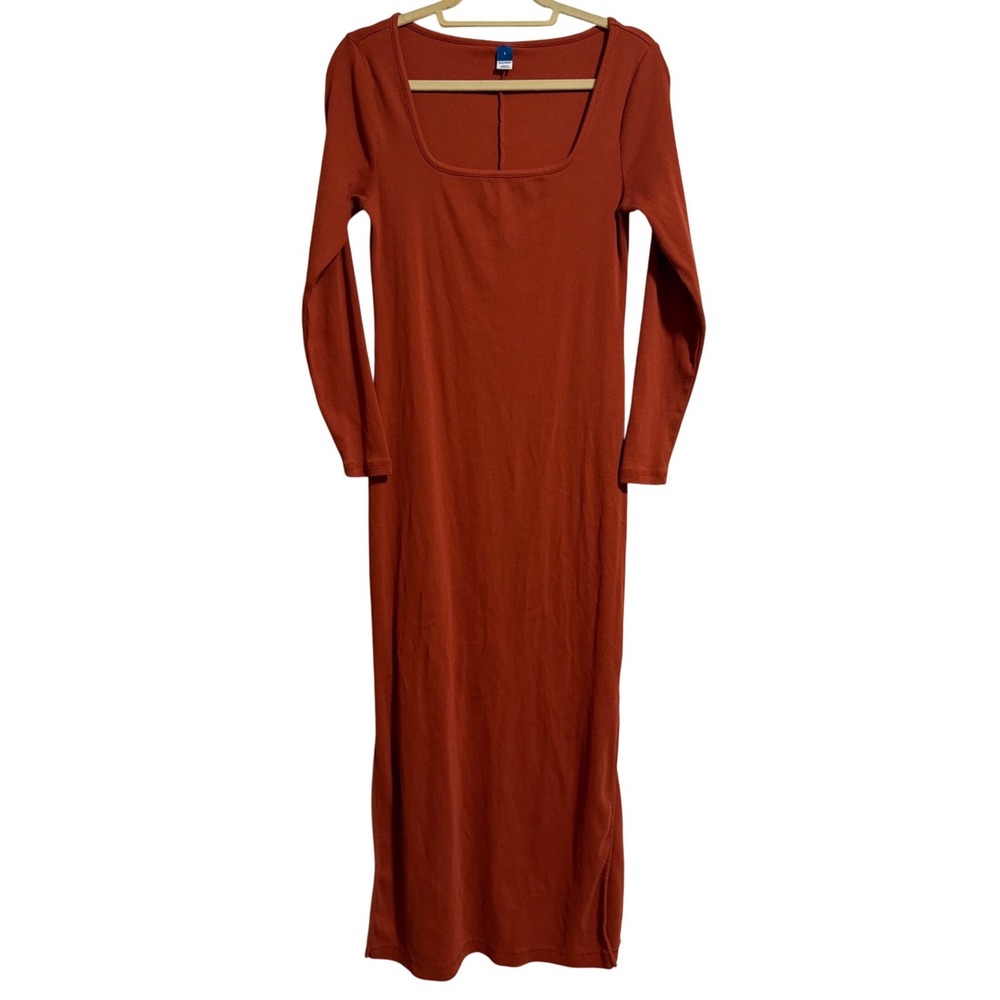 Old Navy Womens Rust Orange Ribbed Square Neck Long Sleeve Maxi Dress Large